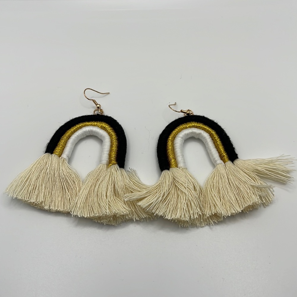 Boho Bow Rainbow U Earring Handmade Tassel NEW Black White Gold Cream - Picture 3 of 3
